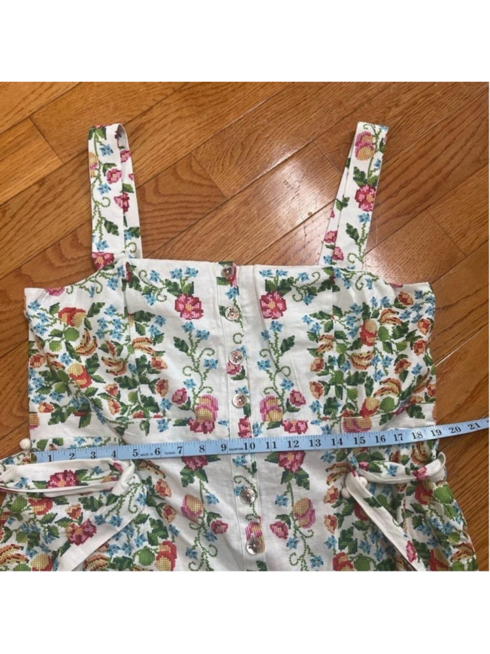 Farm Rio Crosstitch Floral Belted Romper linen blend off-white Cottagecore Sz XL - Picture 13 of 15